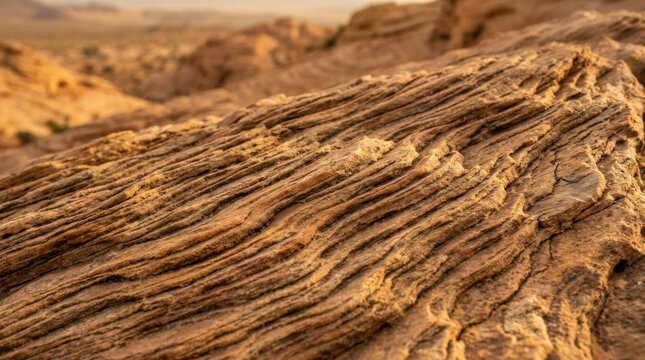 Close up of layered sandstone rock formation in a desert landscape.