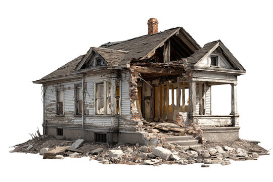 Damaged house with exposed front section, cracked walls and broken roof, isolated on transparent background