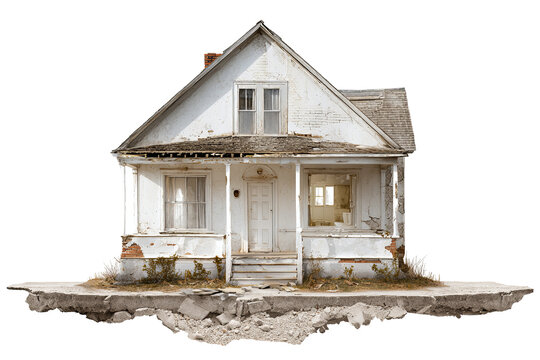 Damaged house with exposed front section, cracked walls and broken roof, isolated on transparent background