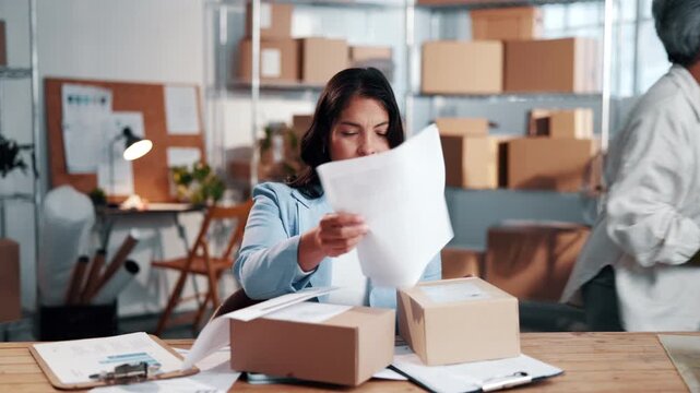 Logistics, stress or staff with manager workload, urgent task or pressure for parcel dispatch delay. Tech, small business or people in time lapse with work overload, shipping deadline or multitasking