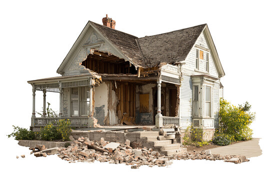 Damaged house with exposed front section, cracked walls and broken roof, isolated on transparent background