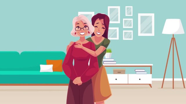 2D Animated Young Woman Hugging Senior Elderly Mother in Cozy Living Room Interior Flat Vector Character Animation Footage