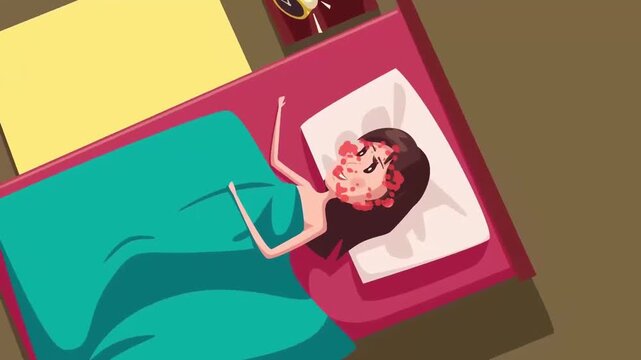 2D Animated Top Down Perspective Woman Waking Up under Blanket in Cozy Bed Flat Vector Character Animation Footage