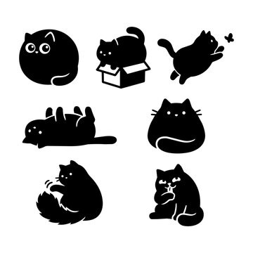 Cute black cat icons set vector illustration featuring round fat cat, cat in box, cat chasing butterfly, lying on back, scratching tail, and licking paw