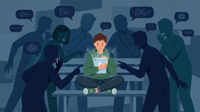 Teenager cyberbullied online by peers, feeling isolated and stressed.