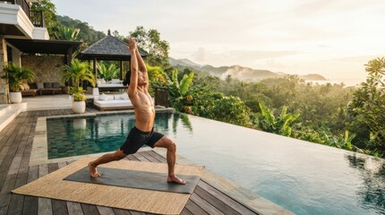 Obraz premium Man practicing yoga warrior pose by infinity pool overlooking lush tropical jungle at sunrise