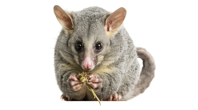 Gray possum eating grass with paws