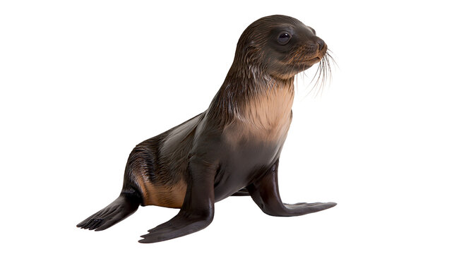 Young sea lion pup with wet fur sitting on white