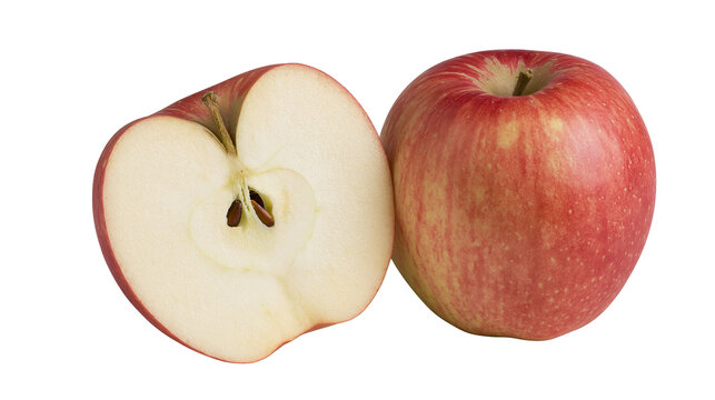 Red apple cut in half showing seeds and flesh