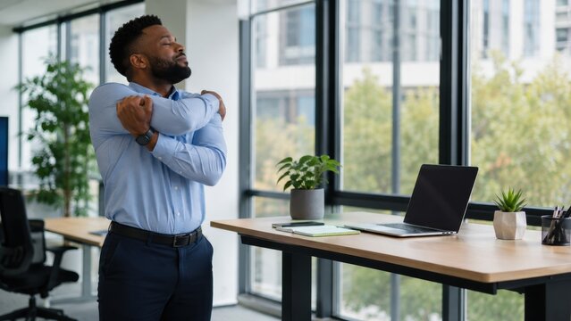  man in business attire stretches his arms in an office, standing next to a desk with a laptop and plants by large windows showing an urban view.