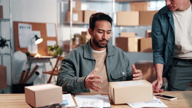 Man, multitask and distribution worker in office with logistics, shipping or delivery deadline. Stress, timelapse and supply chain manager with overwhelming workload for documents, boxes or clipboard