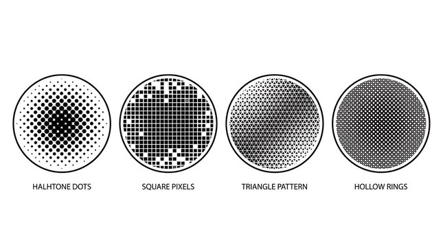 Geometric pattern circles displaying halftone dots square pixels triangle shapes and hollow ring line art textures
