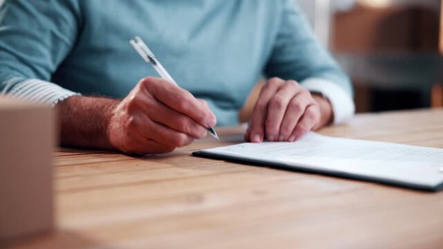 Man, hands and signature with document for insurance, legal agreement or contract policy. Male person, signing and paper with advisor pointing on form for application, registration or risk management