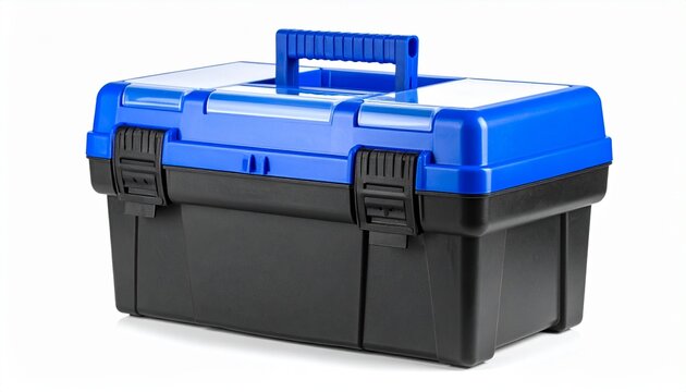 Blue and Black Plastic Toolbox with Carrying Handle and Latches Isolated on White Background