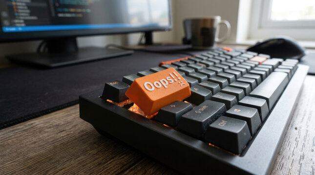 Orange Oops Keycap Removed from Mechanical Keyboard Representing Software Bug Coding Error and Debugging