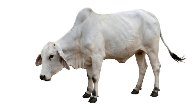 White brahman cow looking down on grey background