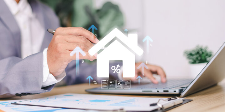 Real estate investment and mortgage concept with rising property value, home finance, interest rates, housing market, and digital financial planning.