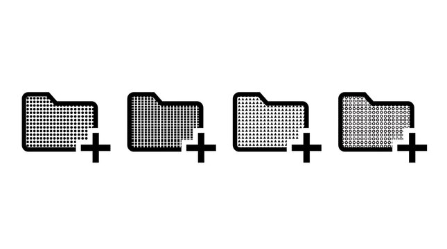 Four distinct folder icons with various patterned textures and a simple black plus sign symbol attached