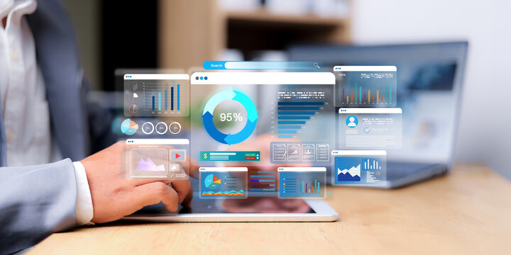 Business analytics dashboard with KPI charts, data visualization, performance metrics, financial reports, and digital management interface.