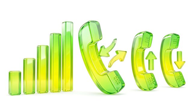 Glossy green glass telephone handset icons displaying signal strength and incoming outgoing call data flow visualization