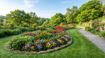 Obraz premium Beautiful vibrant flower garden with curving gravel path on a sunny summer morning