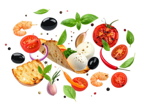 Frische mediterrane Zutaten fallend isoliert f&uuml;r Food-Blogger und Restaurants zur dynamischen Gestaltung von Speisekarten und Kochb&uuml;chern auf transparentem Hintergrund	