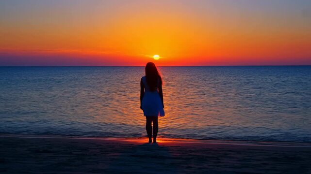 Silhouette of woman standing on sunset beach beside calm ocean horizon, backlit by fiery sky with glowing reflections across wet sand and gentle coastal twilight mood
