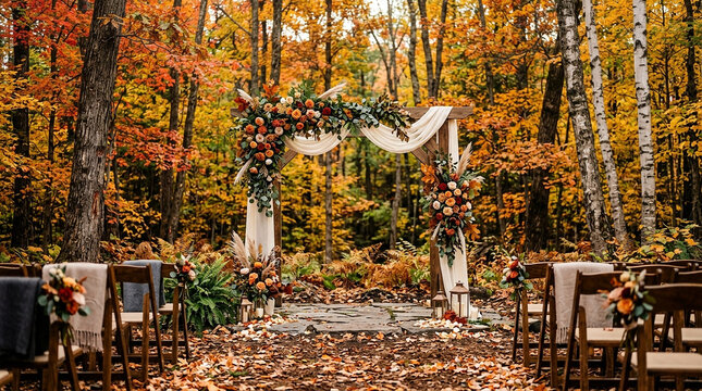 Beautiful wooden wedding arch decorated with autumn flowers and draped fabric in a fall forest