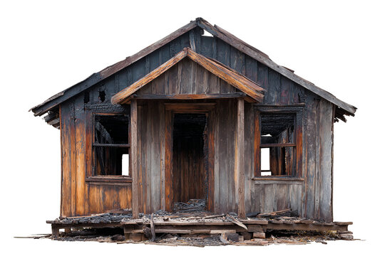 Fire-damaged wooden hut with charred logs and burnt roof, weathered texture, ruins after fire, isolated on transparent background