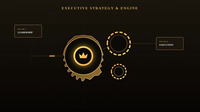 Executive Strategy and Engine Concept Animation with Rotating Golden Gears and Business Icons