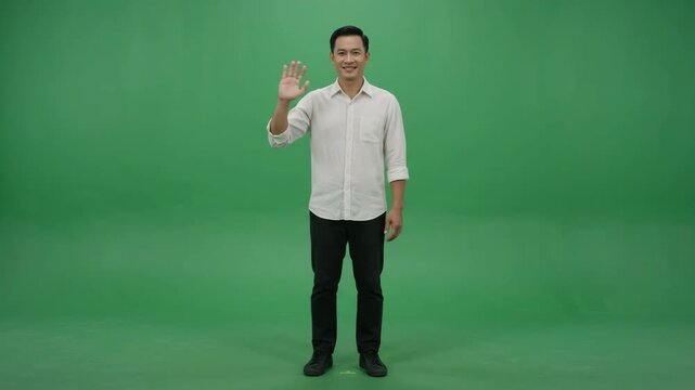 Friendly Asian man in a casual shirt waving hello on a green screen background, full body shot.