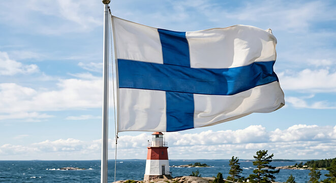 Finland Flag Waving by the Sea with Lighthouse Under Blue Sky and Coastal Landscape