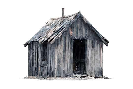 Fire-damaged wooden hut with charred logs and burnt roof, weathered texture, ruins after fire, isolated on transparent background