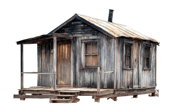 Fire-damaged wooden hut with charred logs and burnt roof, weathered texture, ruins after fire, isolated on transparent background