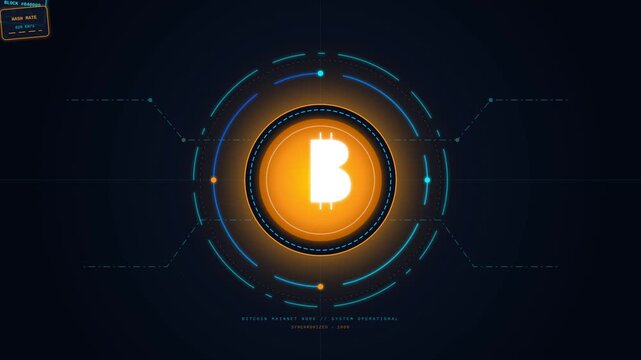 Futuristic Bitcoin Cryptocurrency Network Interface Animation with Digital Data Mining Hash Rate