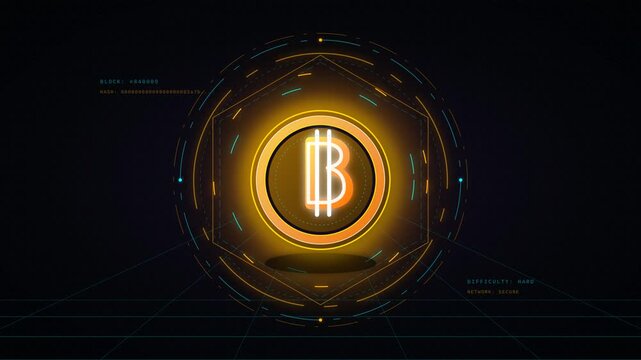 Futuristic Digital Bitcoin Currency Icon Rotating Inside a Glowing Cybernetic Data Interface Loop
