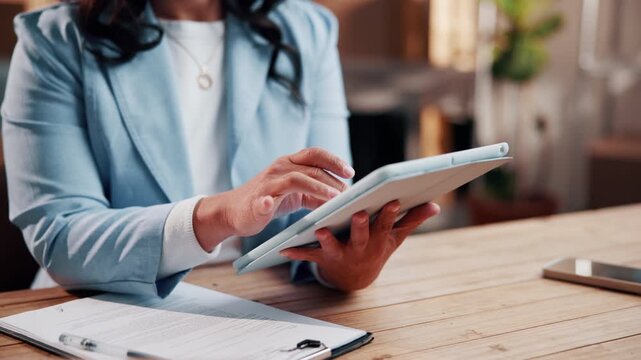 Hands, small business and woman on tablet for inventory management, online order or digital receipt. Logistics, person and tech for supply chain app, ecommerce or delivery invoice for package