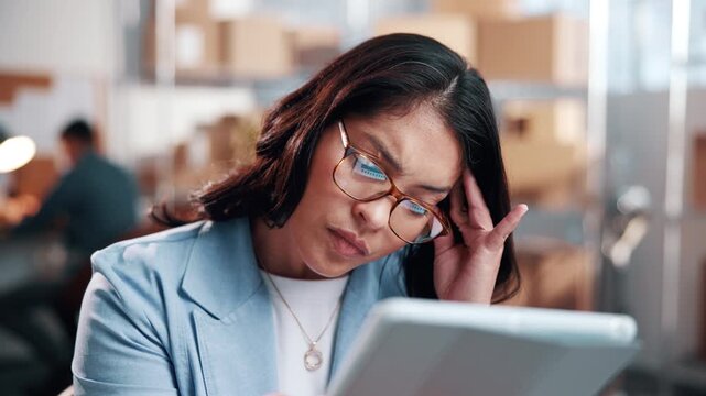 Woman, logistics and headache with tablet in small business for delivery mistake or courier delay. Frustrated, female person or stress with migraine on technology for bad freight schedule or app