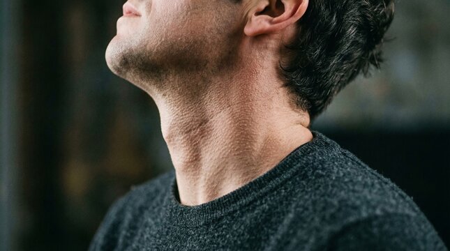 Closeup of a man's neck with visible goosebumps, showing a natural skin reaction to cold, fear, emotion or suspense