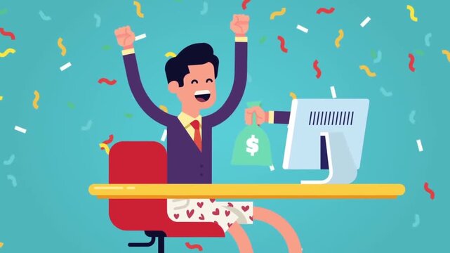 2D Animated Overjoyed Businessman Raising Arms Cheering with Confetti at Office Desk Flat Vector Character Animation Footage