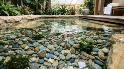 Fototapeta premium Tranquil Zen Garden Pond with Smooth Pebbles and Lush Greenery.
