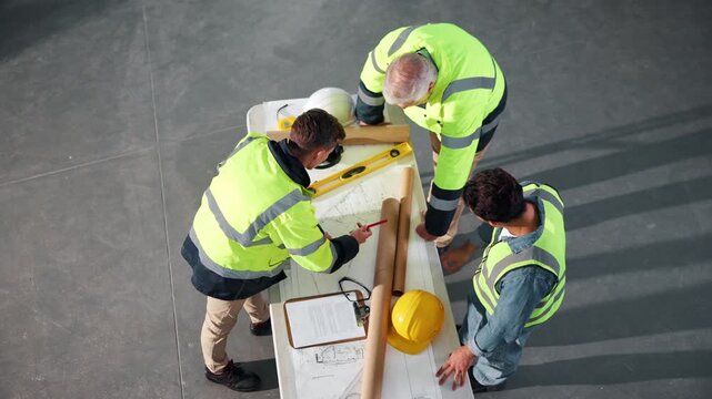 Architecture, above and people with blueprint for planning, renovation and building project. Collaboration, meeting and men with drawing, floorplan or layout for construction, expansion or remodeling