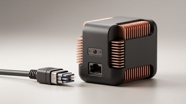 Modern network interface device featuring copper heat sinks beside high speed fiber optic data cable with positioned next disconnected electronic network module