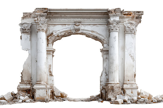 Ancient hall facade with broken stone pillars, damaged ruin architecture, PNG isolated on transparent background
