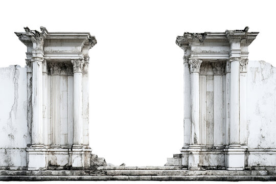 Ancient hall facade with broken stone pillars, damaged ruin architecture, PNG isolated on transparent background