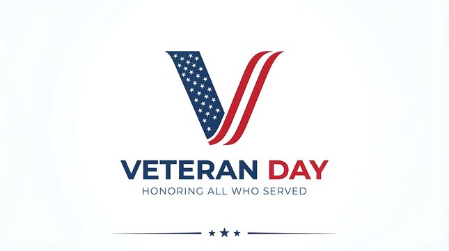 Veterans day design featuring a stylized letter v with american flag pattern on a white background