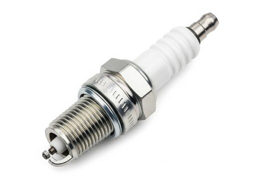Spark plug close-up with metallic threads isolated on white background