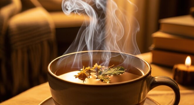 Steaming Herbal Tea in a Cozy Setting with Soft Candlelight Ambiance