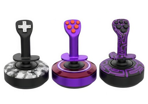 Three stylized arcade joystick controllers isolated on white background