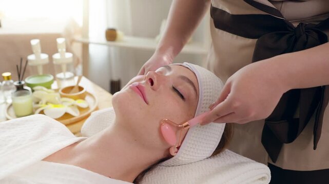 Beautiful woman getting facial massage with gua sha at luxury beauty spa. 